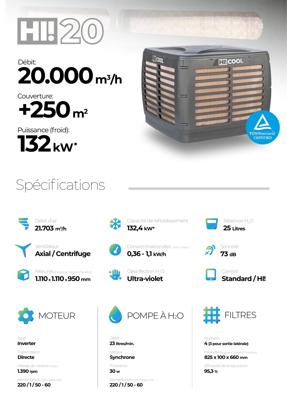 HI COOL HI! 20 : débit 20 000 m³/h, couverture plus de 250 m², puissance froid 132 kW