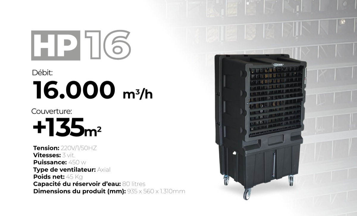 HI COOL HP16 : débit 16 000 m³/h, couverture plus de 135 m², puissance 450 W