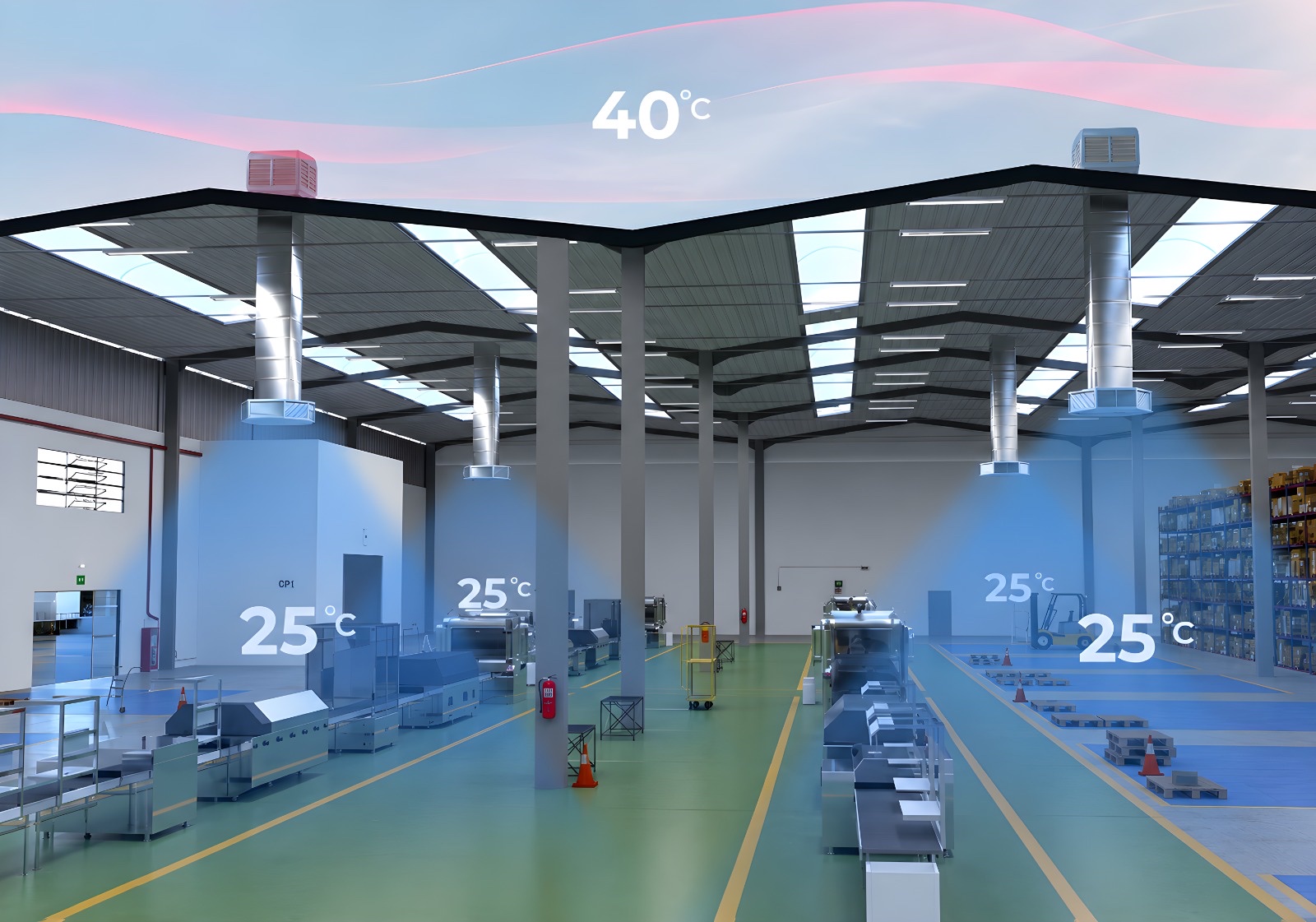 Principe du rafraîchissement évaporatif HI COOL : air extérieur à 40 °C, air diffusé à 25 °C dans le bâtiment